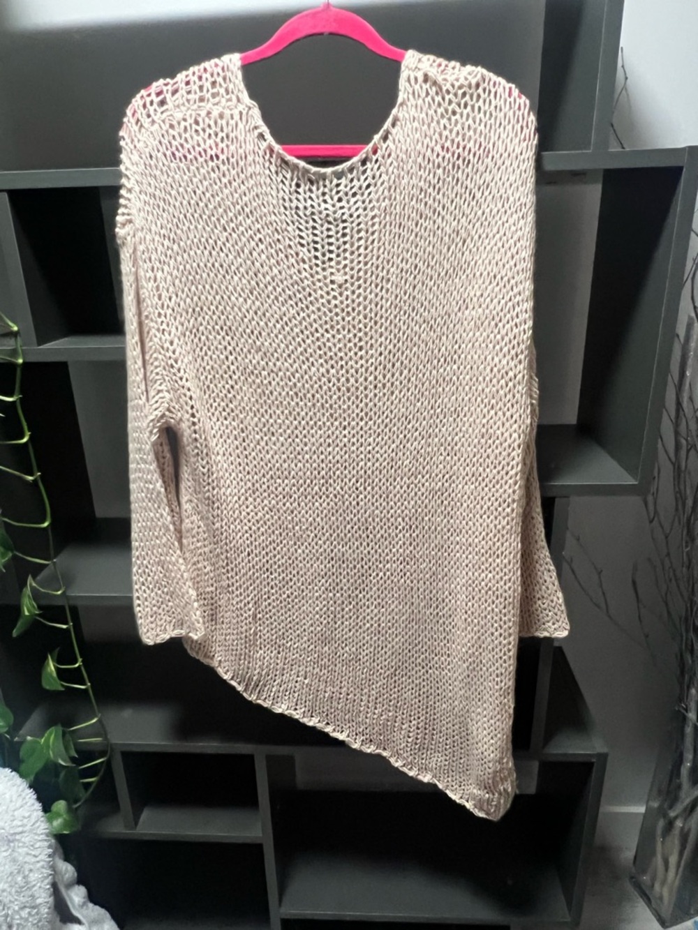 ☀️ Asymmetrical Open Knit V-Neck Sweater - Beige - Picture 2 of 5